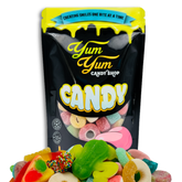 Yum Yum Candy Shop packaging with colorful gluten free gummy candies in front
